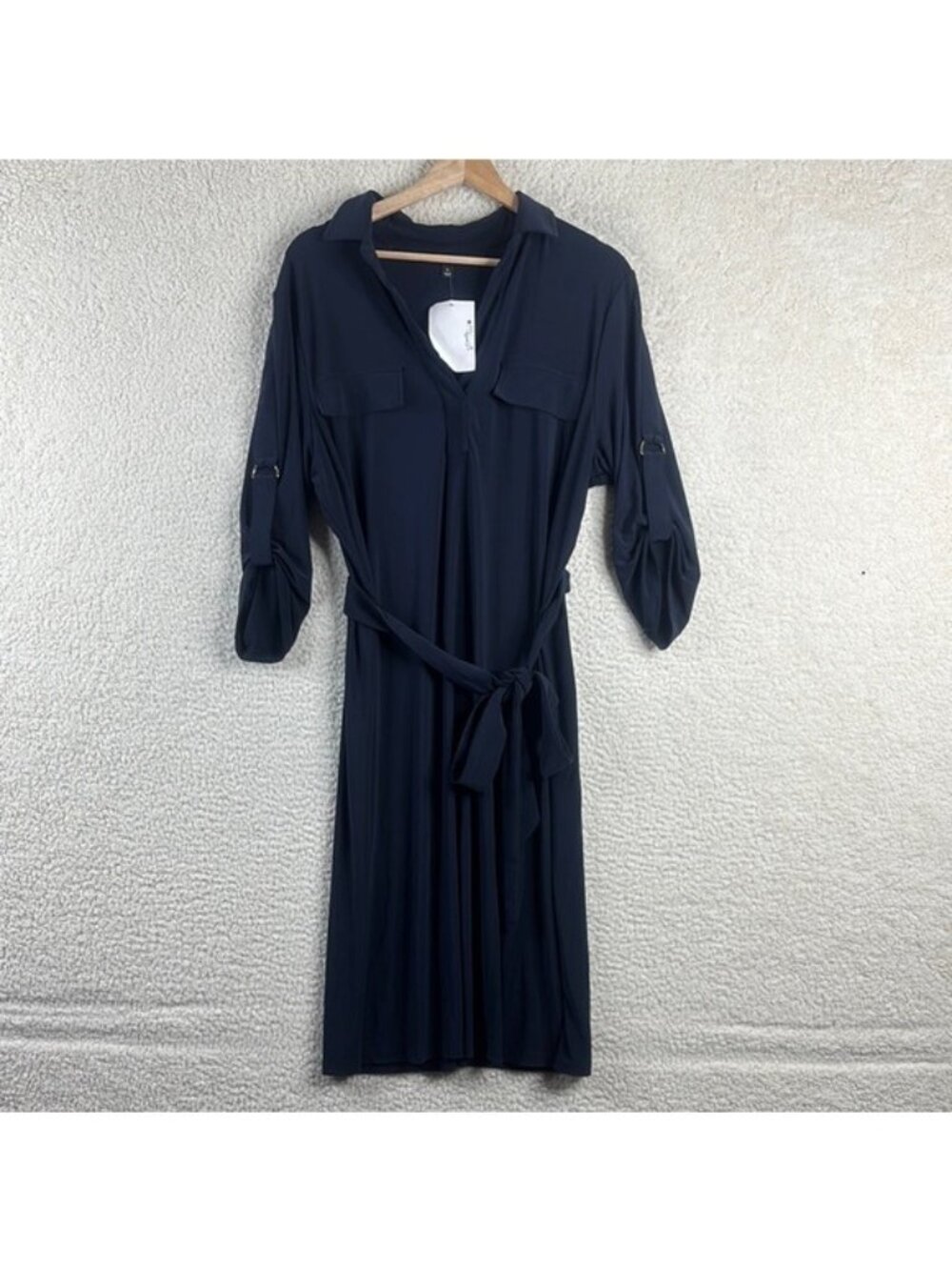 NWT Alfani Women Navy Roll Tab Sleeve Belted Collared V-Neck Shirt Dress Size XL